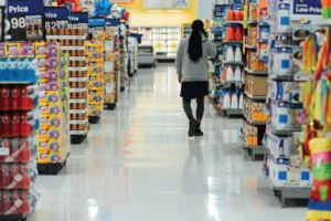 Looking down the aisle in a grocery store