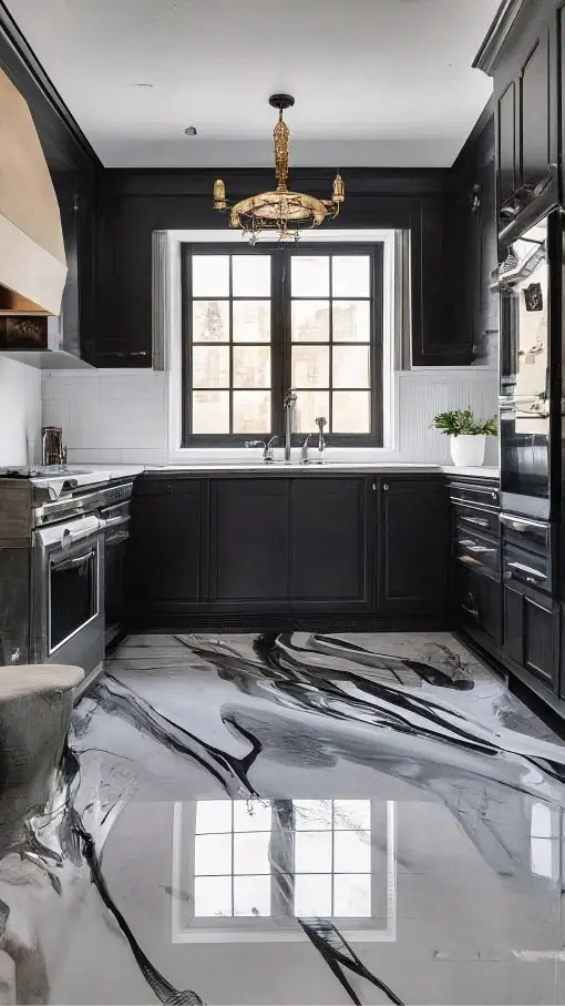 kitchen floor with black and white marble style